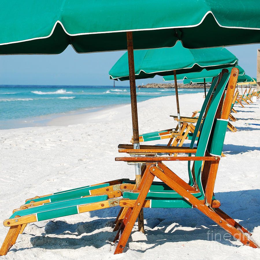 Destin Florida Beach Chairs and Green Umbrellas Square Format Photograph by Shawn OBrien
