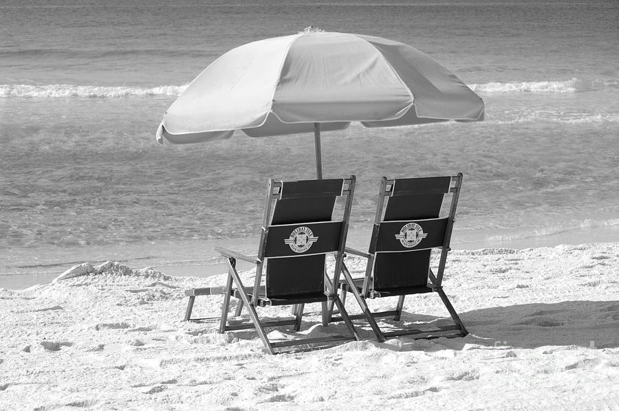 Destin Florida Beach Chairs and Umbrella Black and White Photograph by Shawn OBrien