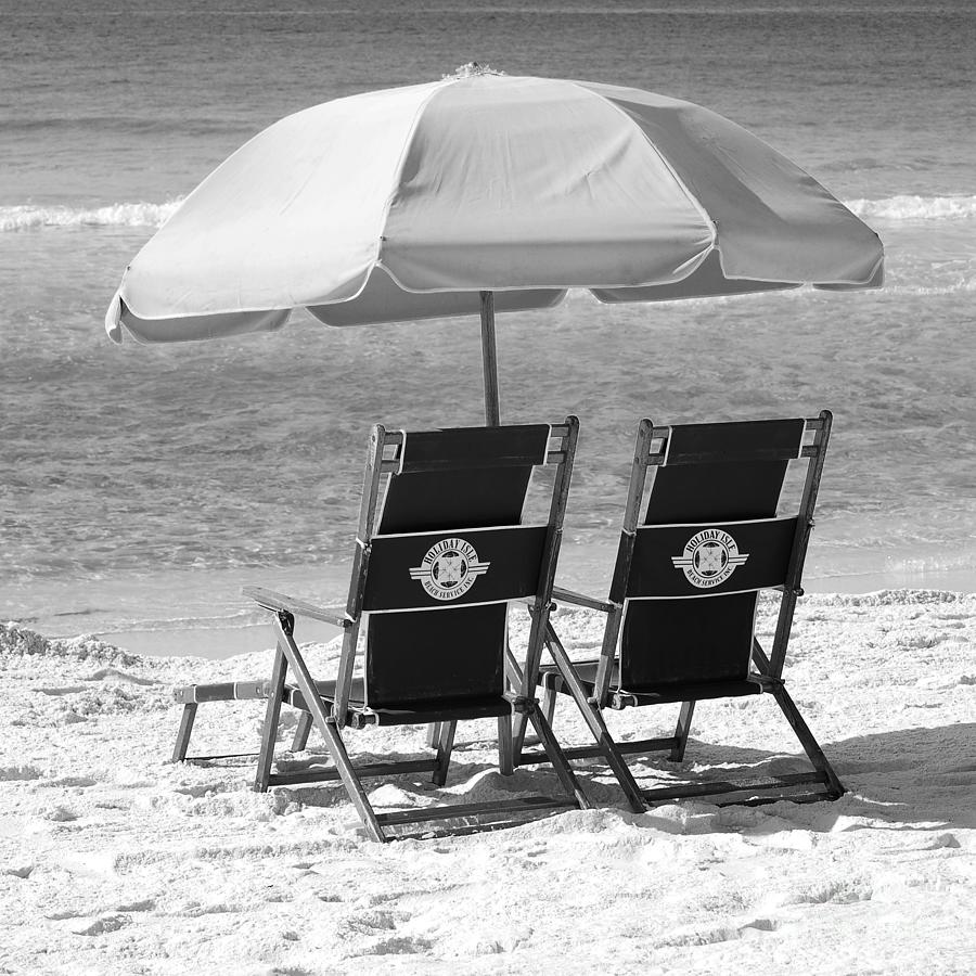 Destin Florida Beach Chairs and Umbrella Square Format Black and White Photograph by Shawn OBrien
