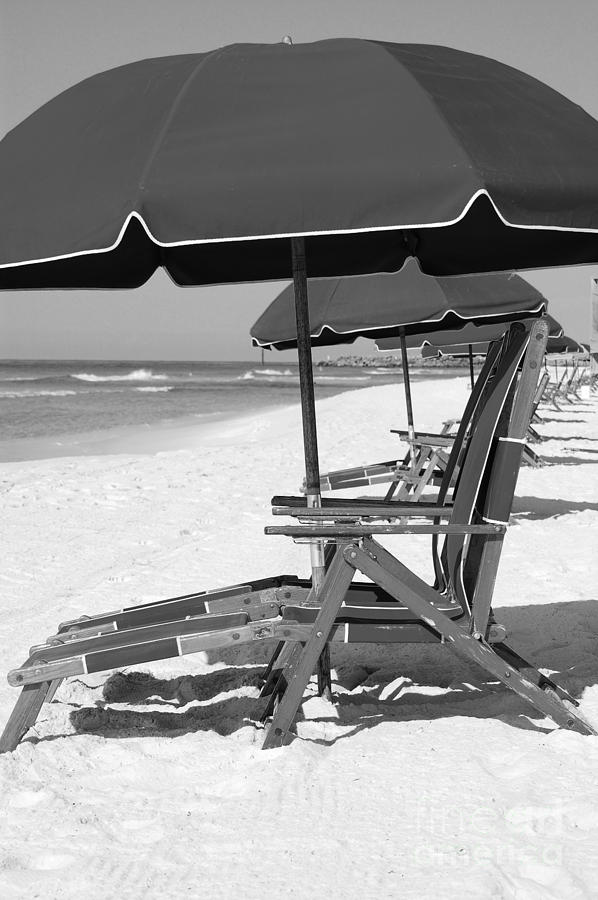 Destin Florida Beach Chairs and Umbrella Vertical Black and White Photograph by Shawn OBrien