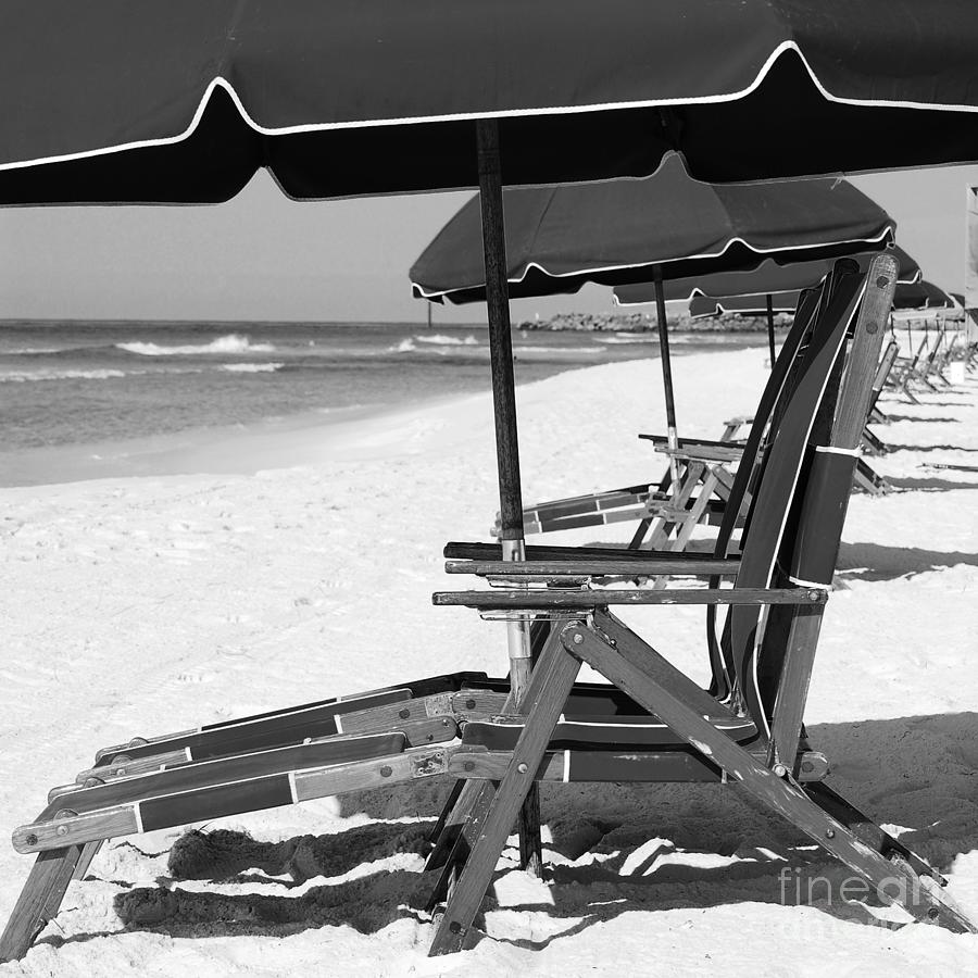 Destin Florida Beach Chairs and Umbrellas Square Format Black and White Photograph by Shawn OBrien
