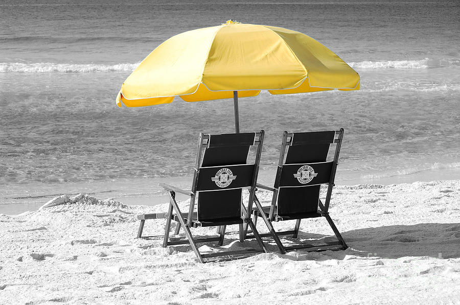 Destin Florida Beach Chairs and Yellow Umbrella Color Splash Black and White Photograph by Shawn OBrien