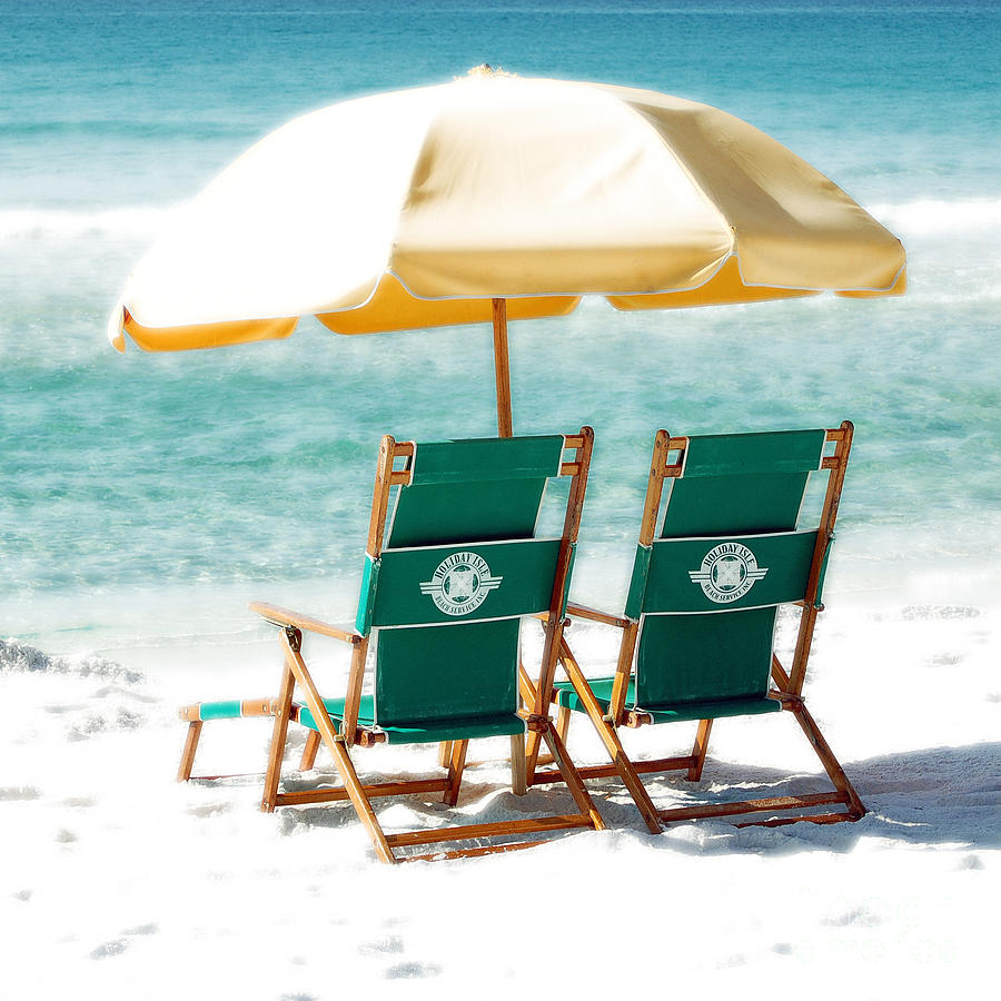Destin Florida Beach Chairs and Yellow Umbrella Square Format Diffuse Glow Digital Art Photograph by Shawn OBrien