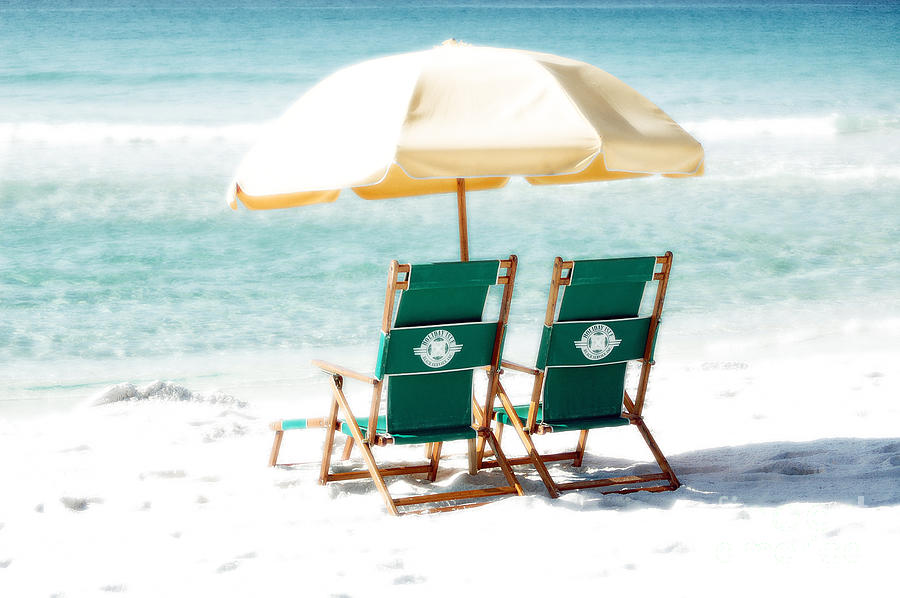 Destin Florida Beach Chairs Umbrella and Blue Waters Diffuse Glow Digital Art Photograph by Shawn OBrien