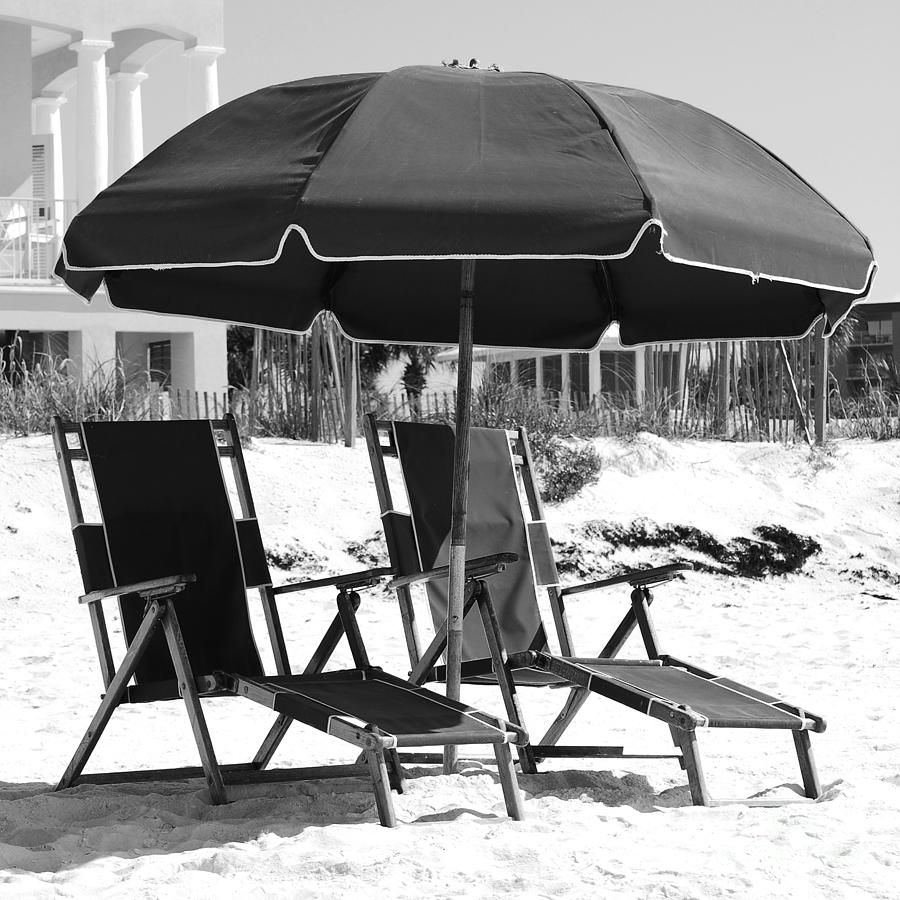 Destin Florida Empty Beach Chair Pair and Green Umbrella Square Format Black and White Photograph by Shawn OBrien