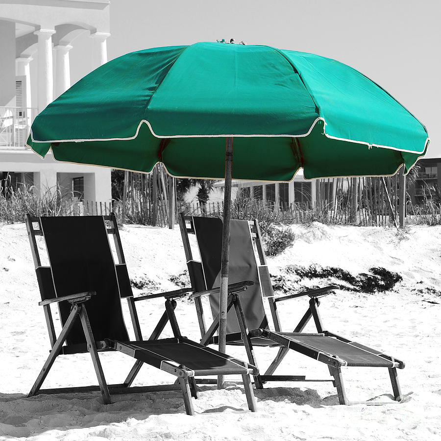 Destin Florida Empty Beach Chair Pair and Green Umbrella Square Format Color Splash Digital Art Photograph by Shawn OBrien