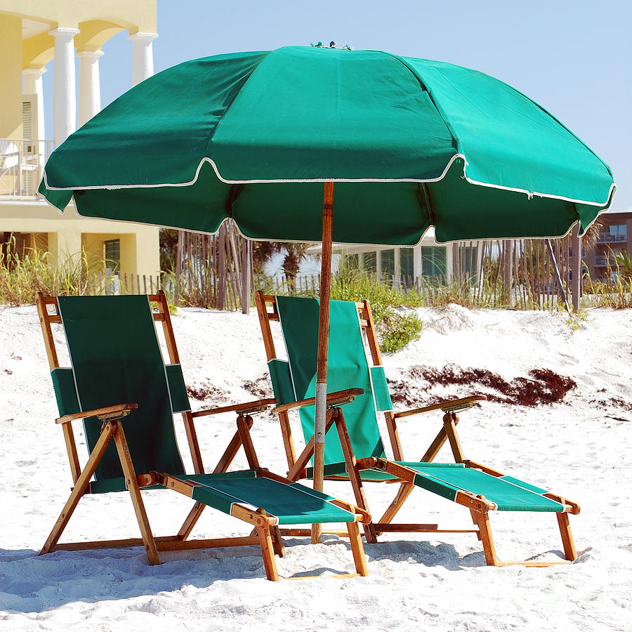 Destin Florida Empty Beach Chair Pair and Green Umbrella Square Format Photograph by Shawn OBrien