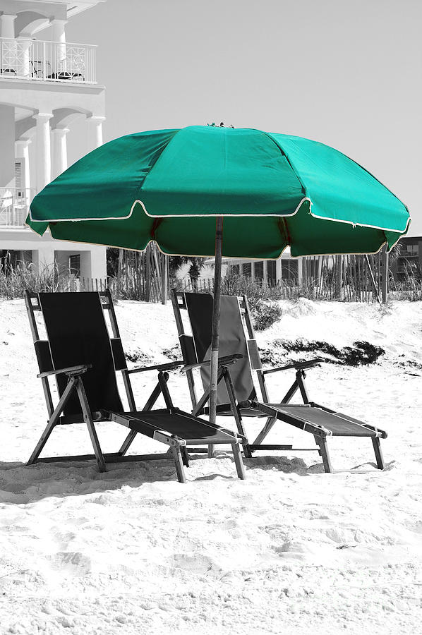 Destin Florida Empty Beach Chair Pair and Green Umbrella Vertical Color Splash Digital Art Photograph by Shawn OBrien
