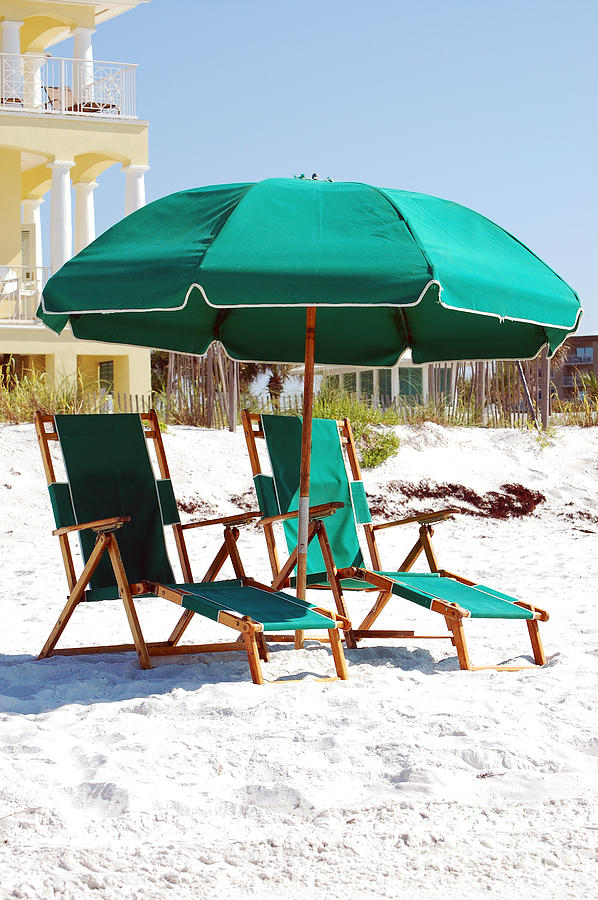 Destin Florida Empty Beach Chair Pair and Green Umbrella Vertical Photograph by Shawn OBrien