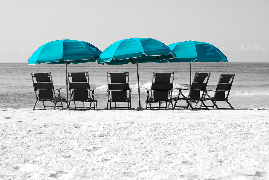 Destin Florida Six Beach Chairs and Three Umbrellas Color Splash Black and White Photograph by Shawn OBrien