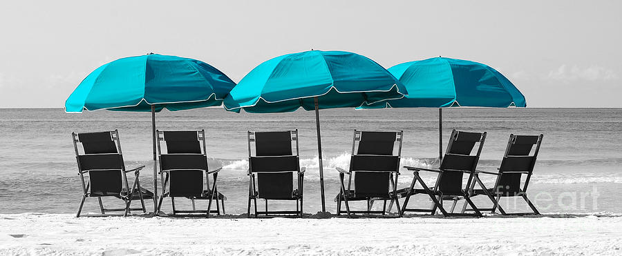 Destin Florida Six Beach Chairs and Three Umbrellas Panoramic Color Splash Black and White Photograph by Shawn OBrien