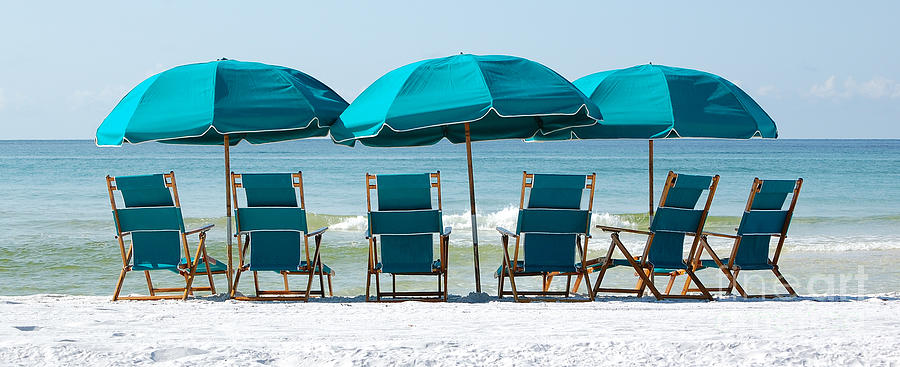 Destin Florida Six Beach Chairs and Three Umbrellas Panoramic Photograph by Shawn OBrien