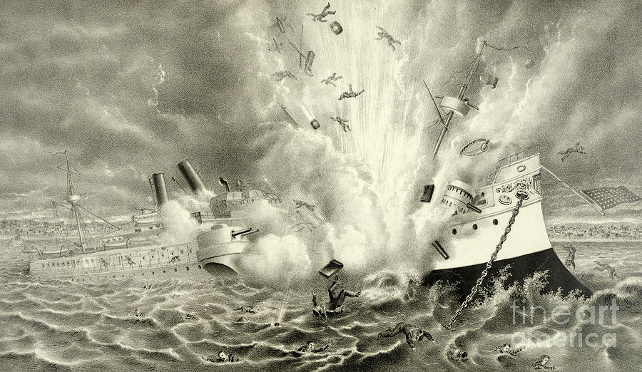 Black And White Drawing - Destruction of the US Battleship Maine, 15th February, 1898 by American School