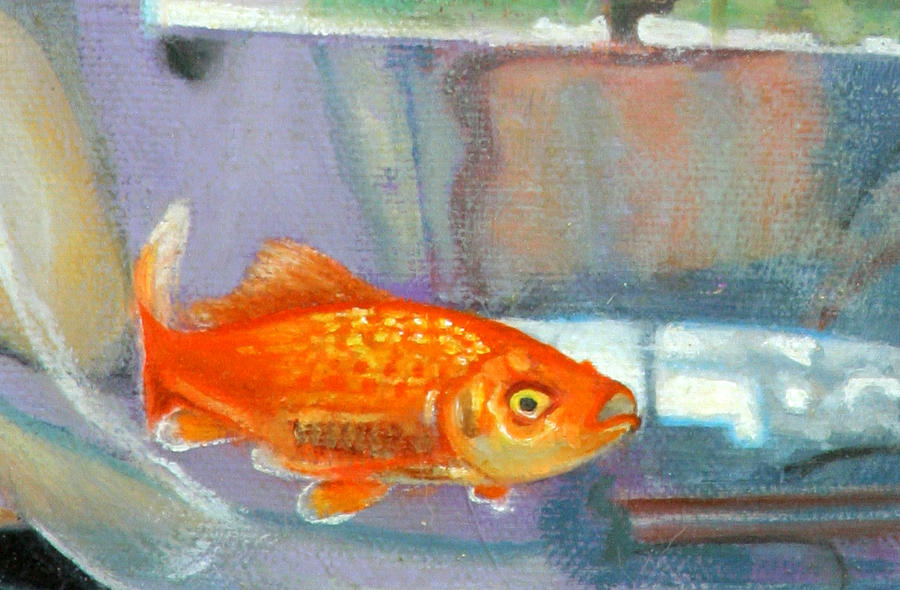 detail goldfish of Fishing Painting by Anne Cameron Cutri