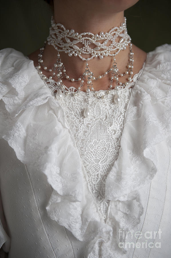 Jewelry Photograph - Detail Of A Historical White Dress With Choker Necklace by Lee Avison