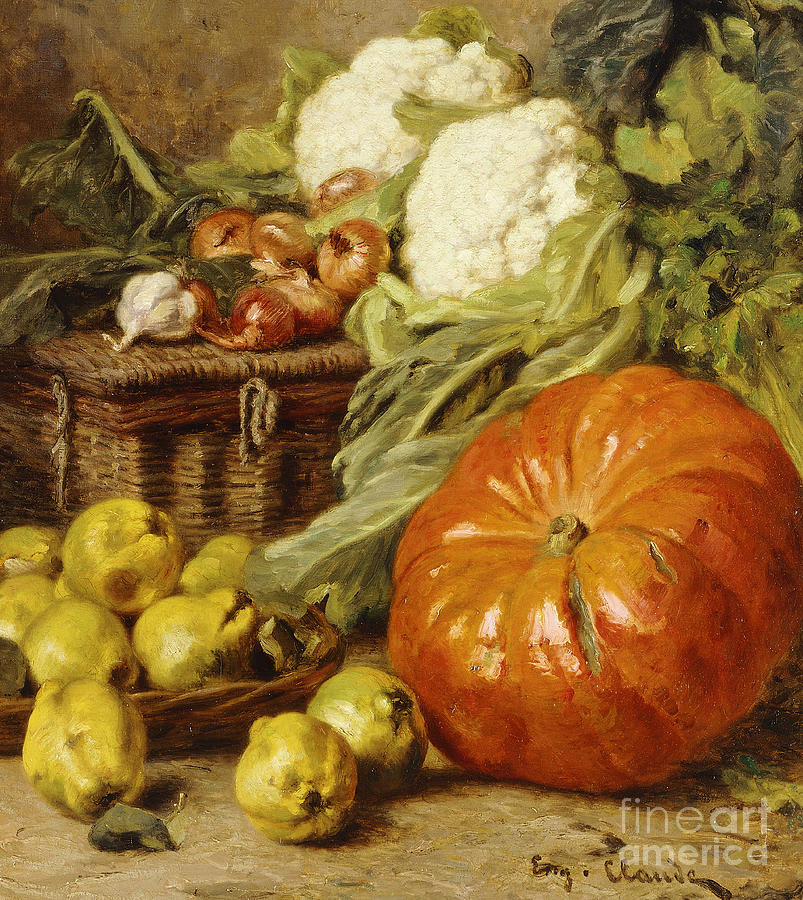 Detail of A Still Life with a Basket, Pears, Onions, Cauliflowers, Cabbages, Garlic and a Pumpkin Painting by Eugene Claude
