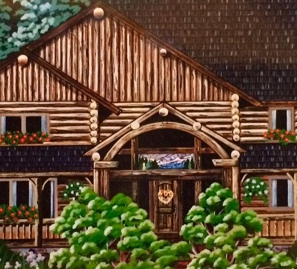 Detail of Log Home Portrait Painting by Jennifer Lake