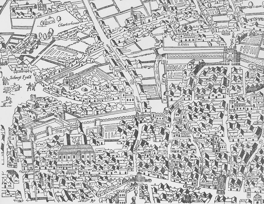 London Drawing - Detail of London Wall East of Smithfield from Civitas Londinium by Ralph Agas