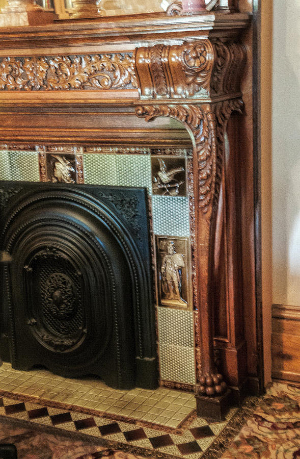 Architecture Photograph - Detail of Wood Carving and Tiles - Historic Fireplace by Phyllis Taylor