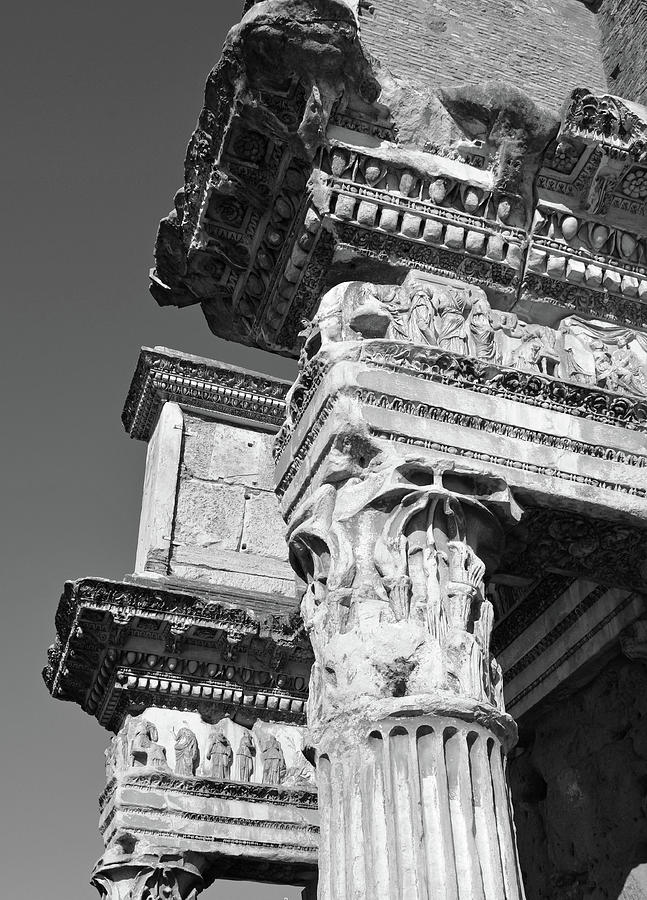 Detail View of Sculptured Figures on Le Colonnacce in Rome Italy Black and White Photograph by Shawn OBrien