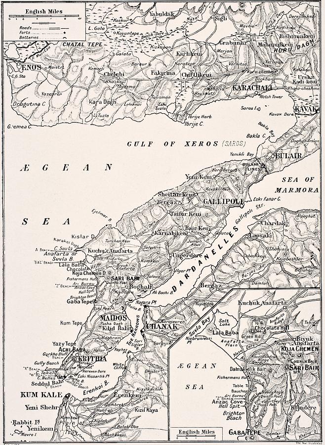 Detailed Map Of Gallipoli Peninsula And Drawing by Vintage Design Pics