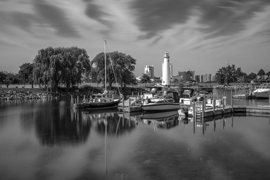 Detroit Marina and Lighthouse Black and White 5 Photograph by John McGraw
