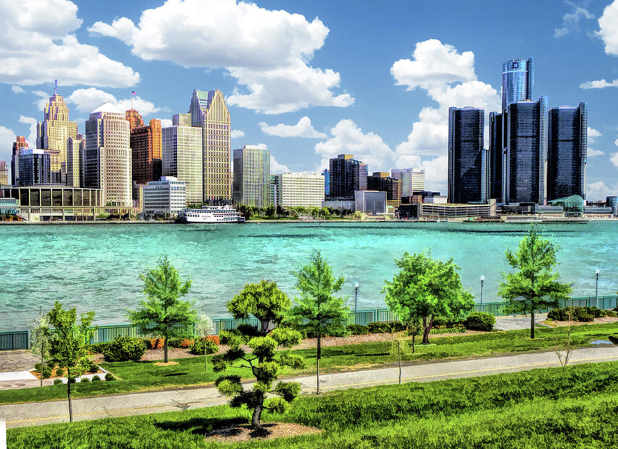 Detroit River Skyline Painting by Christopher Arndt