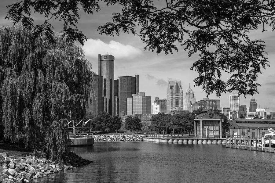 Detroit Skyline and Marina Black and White  Photograph by John McGraw