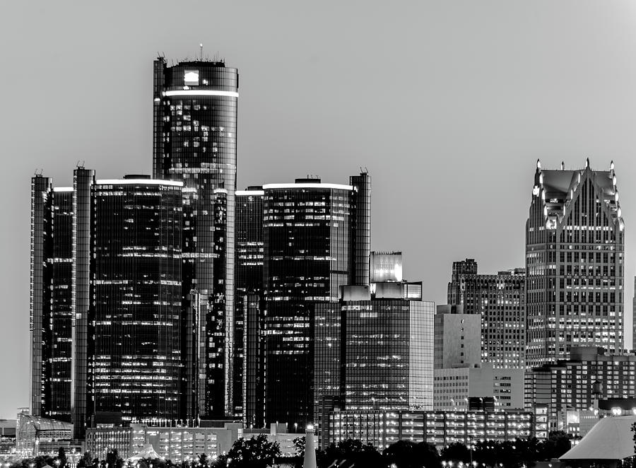 Detroit Skyline In Black And White Photograph