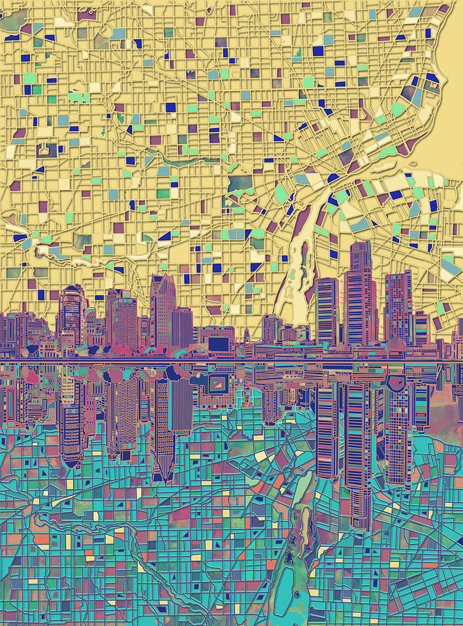 Detroit Skyline Map 2 Painting by Bekim M