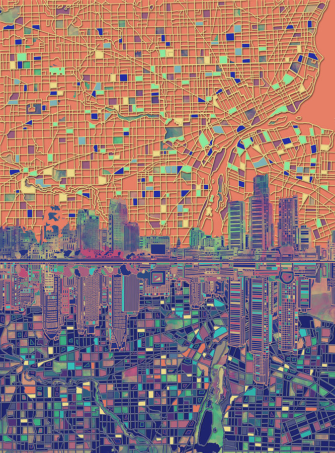 Detroit Skyline Map 3 Painting by Bekim M