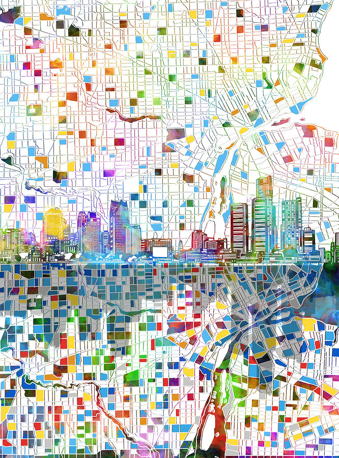 Detroit Skyline Map 4 Painting by Bekim M