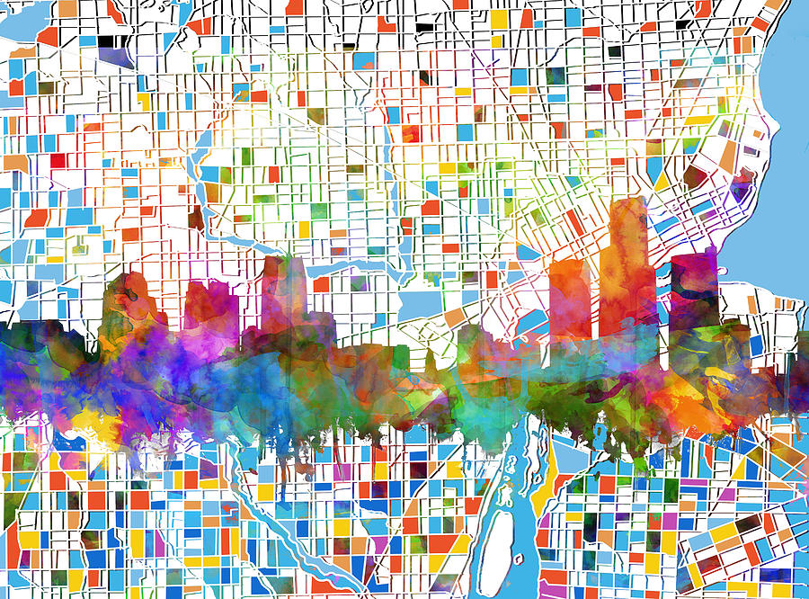 Detroit Skyline Map 7 Painting by Bekim M