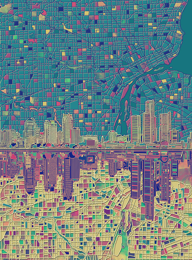 Detroit Skyline Map Painting by Bekim M
