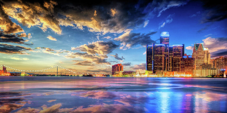 Detroit Skyline Sunset Painting by Christopher Arndt