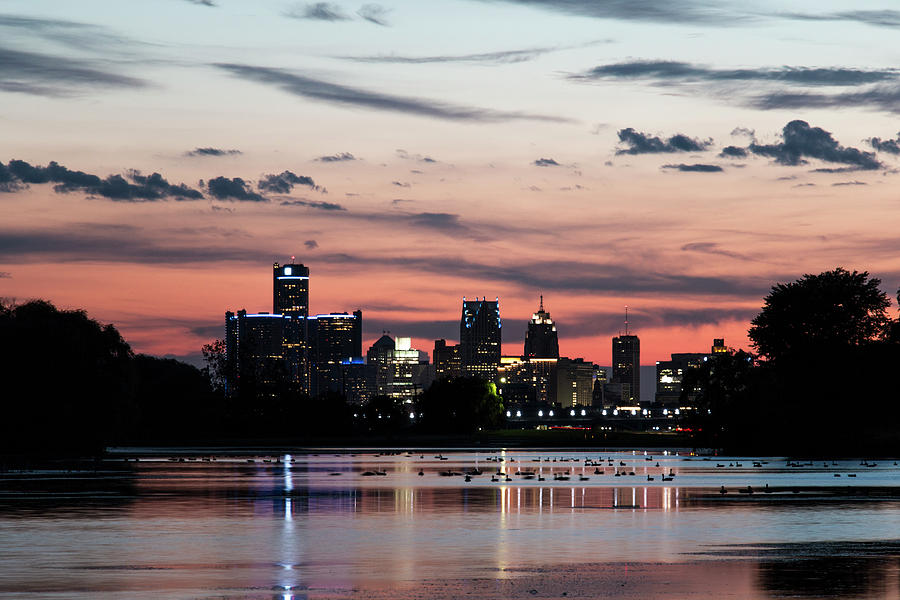 Detroit skyline view from shore of Lake Muskoday Photograph by Todd ...