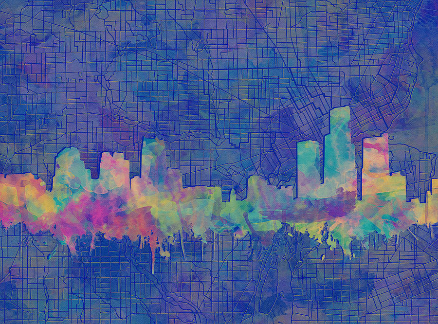 Detroit Skyline Watercolor Blue 3 Painting by Bekim M
