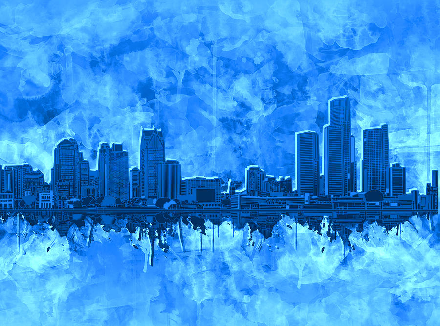 Detroit Skyline Watercolor Blue 4 Painting by Bekim M