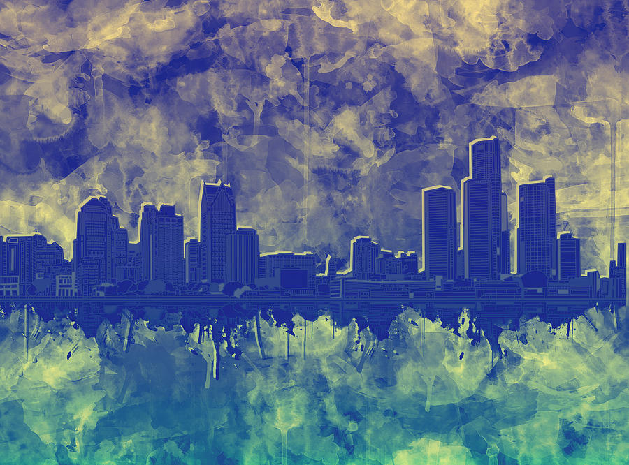 Detroit Skyline Watercolor Blue 5 Painting by Bekim M