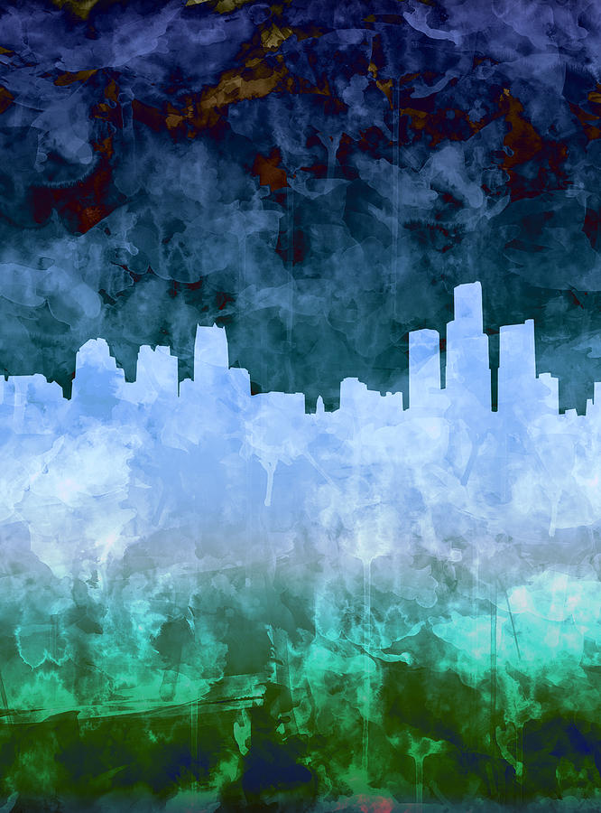 Detroit Skyline Watercolor Blue 6 Painting by Bekim M
