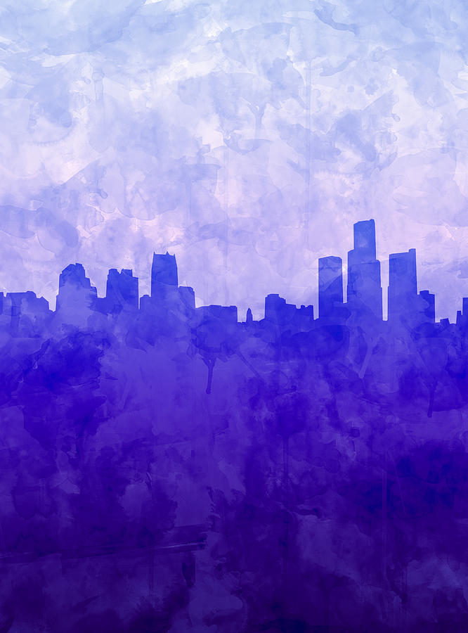 Detroit Skyline Watercolor Blue 7 Painting by Bekim M