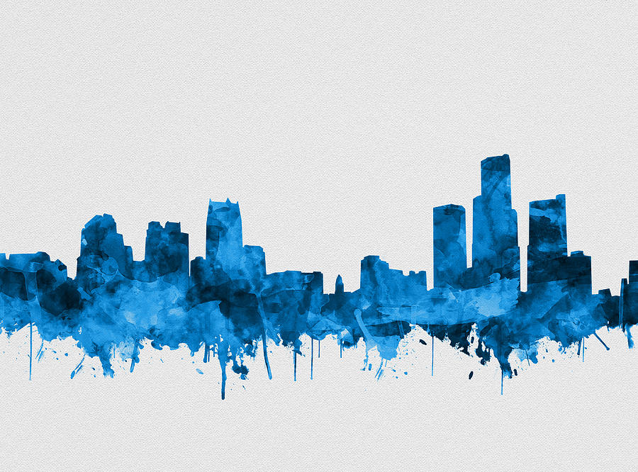 Detroit Skyline Watercolor Blue 8 Painting by Bekim M