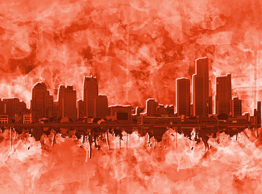 Detroit Skyline Watercolor Red Painting by Bekim M
