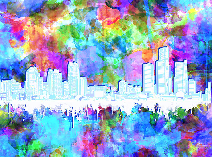 Detroit Skyline Watercolor Vibrant Painting by Bekim M