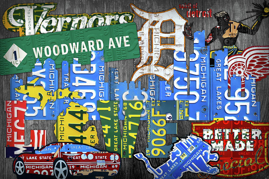 Detroit the Motor City Michigan License Plate Art Collage Mixed Media by Design Turnpike