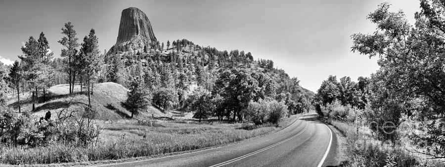 Devils Tower Road Panorama - Black And White Photograph by Adam Jewell