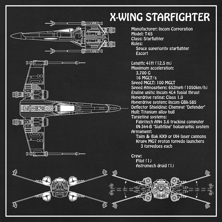 Diagram Illustration for the T-65 X-Wing Starfighter from Star Wars with technical data information #3 Digital Art by SP JE Art