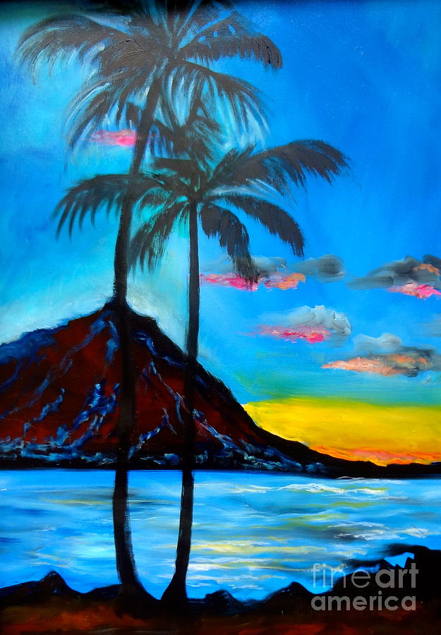 Diamond Head and Palm Trees Painting by Jenny Lee