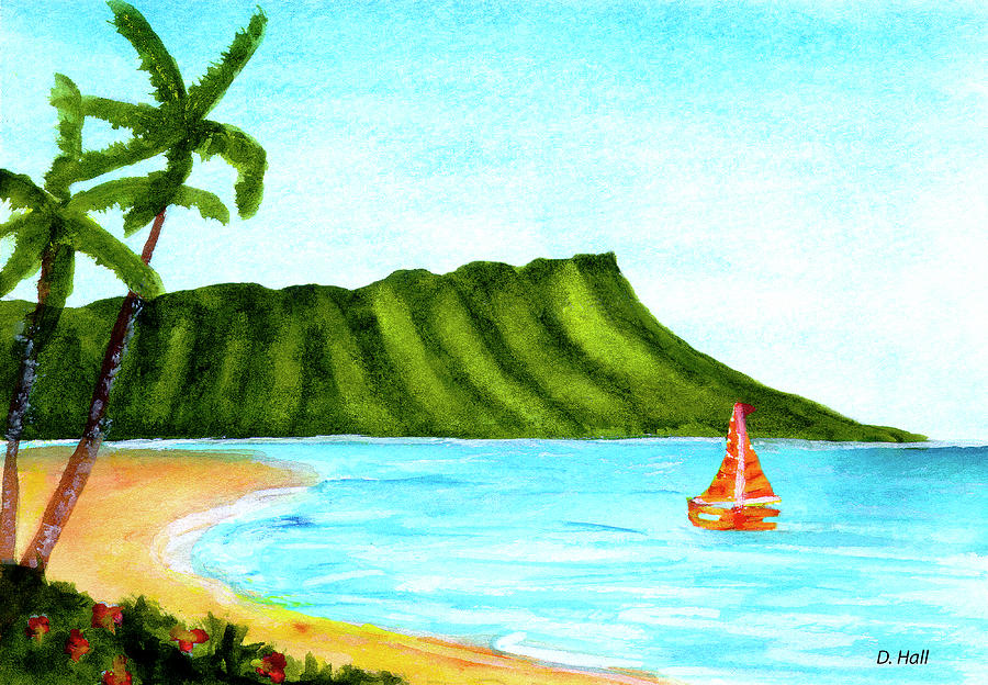 Landscape Painting - Diamond Head and Waikiki Beach Canoe #334 by Donald K Hall