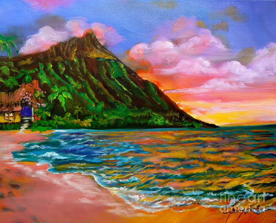 Diamond Head Hawaiian Hut Painting by Jenny Lee